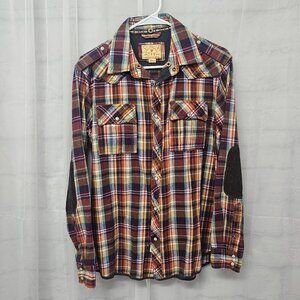 TFG Plaid Flannel Pearl Snap Shirt Western Grunge Workwear  Elbow Patch Unisex M